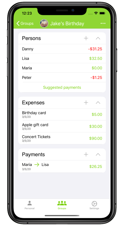 screenshot who owes me app split group birthday